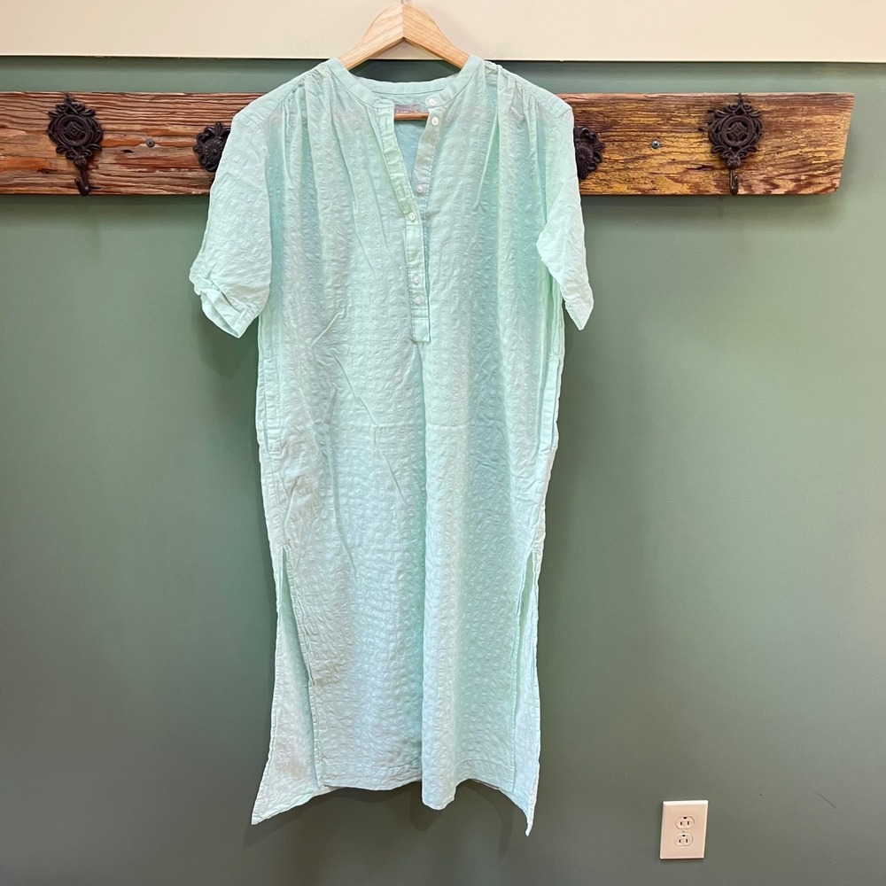 Everlane Womens XS Mint Green Seersucker Cotton Henley Midi Dress Side Slits